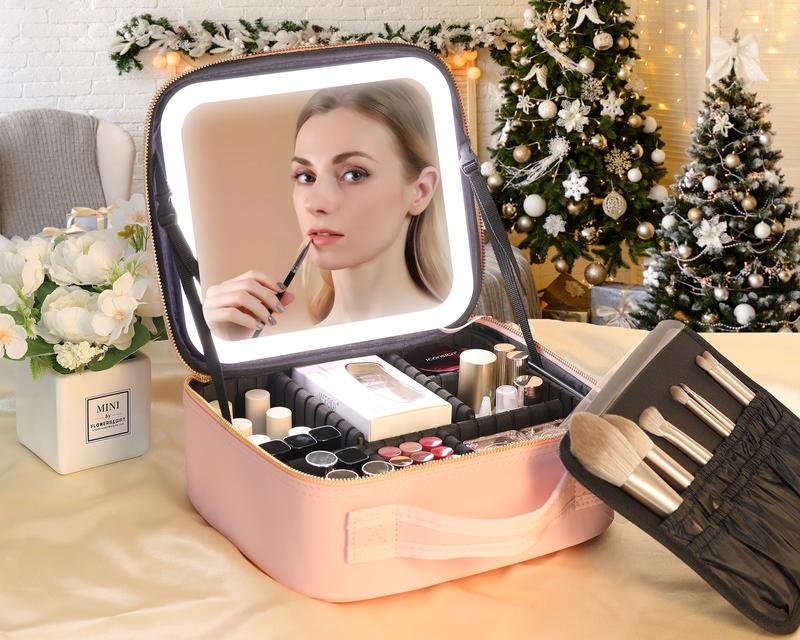 Behaesty Portable Makeup Bag with 3-Color LED Light Detachable Mirror 2000mAh USB Rechargeable Waterproof PU Leather Organizer Compact Travel Cosmetic Pouch Vanity Purse  Zip TikTokShopBlackFriday