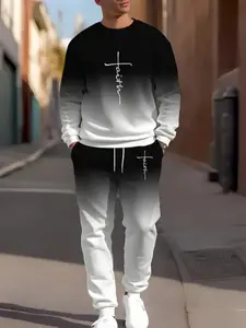 Men's Gradient Letter Print Fitted Long Casual Set, Trendy Design, Adult Leisure Wear, Perfect for Travel/gifts, Stylish for Daily Use, Menswear