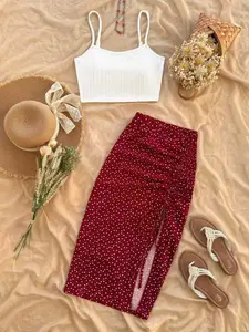 Summer 2-Piece Set: Womenswear Casual Holiday, Solid Color Thin Strap Top and Leopard Split Skirt, Elegant Slim-Fitting