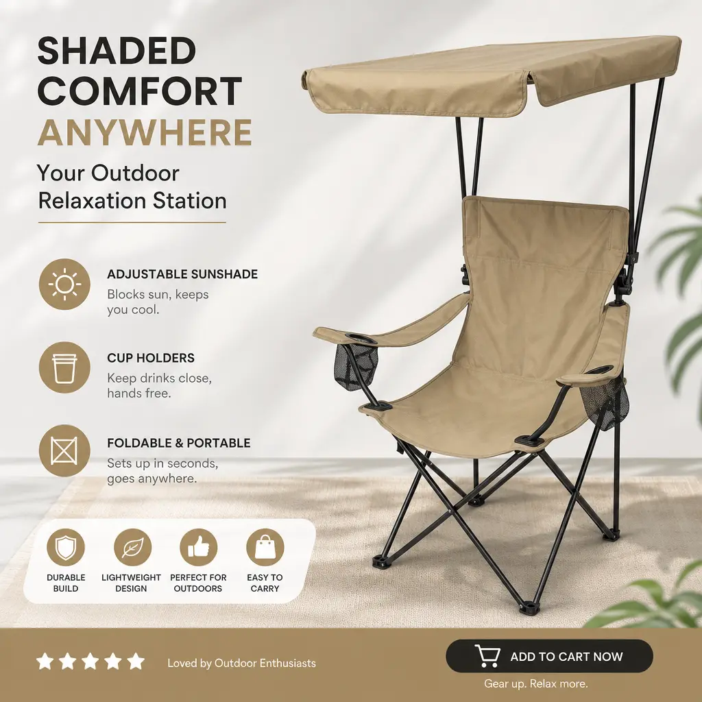 Camping Chair with Canopy, High Back Folding Beach Chair with Canopy Shade, Cup Holder, Side Pocket, 300 lbs Heavy Duty Canopy Chair for Outdoors SummerVibes