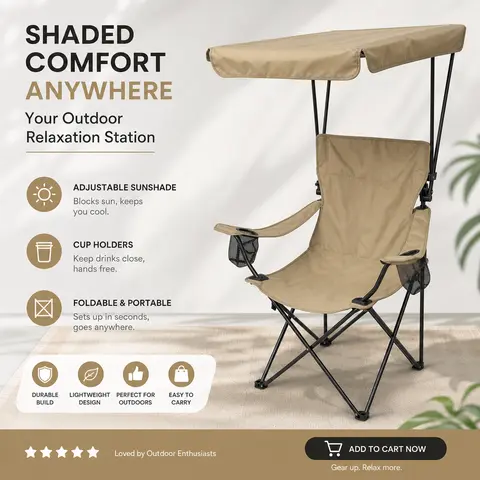 Camping Chair with Canopy, High Back Folding Beach Chair with Canopy Shade, Cup Holder, Side Pocket, 300 lbs Heavy Duty Canopy Chair for Outdoors SummerVibes