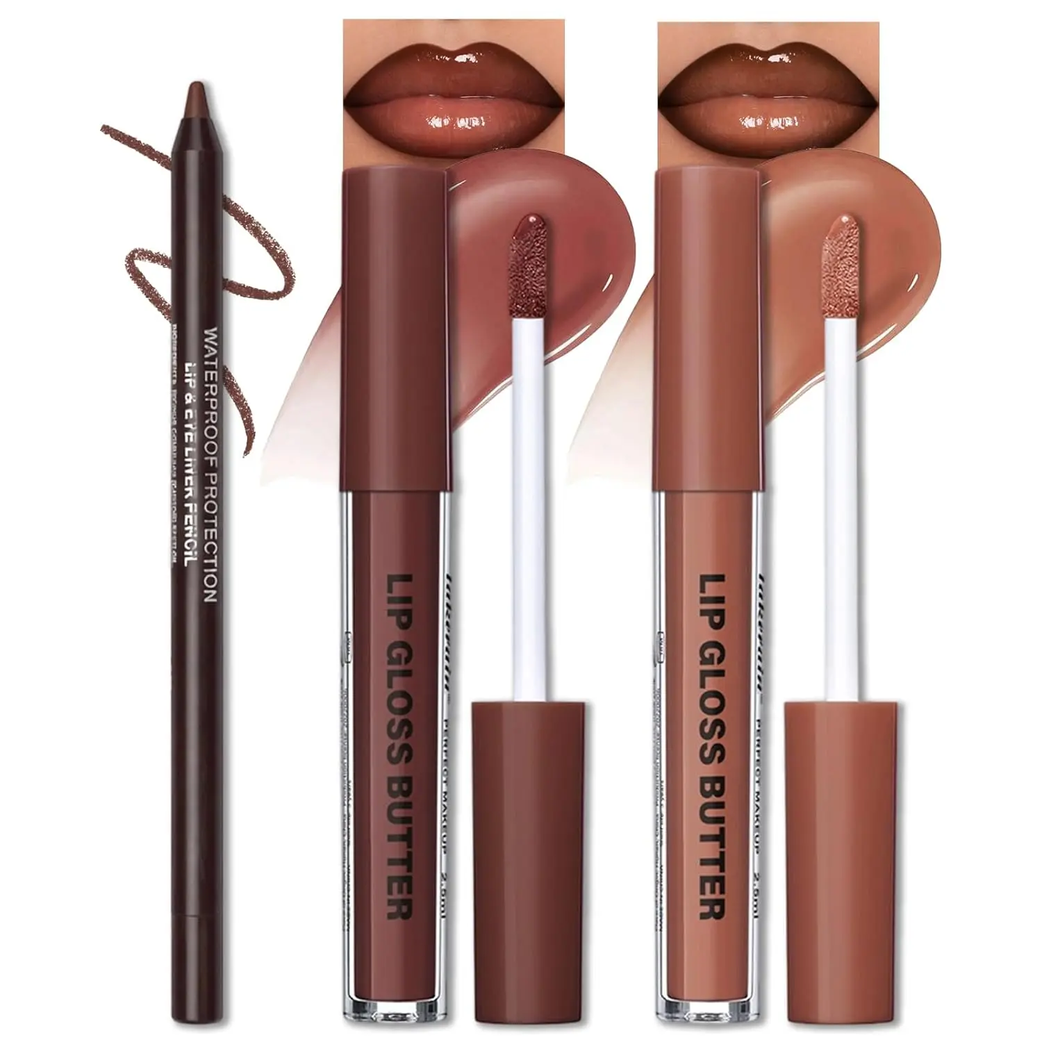 Lip Liner and Gloss , Lip Gloss & Brown Lip Liner Combo Sets Non-Sticky Plumping Lip Kit for Women