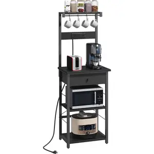 Bakers Rack with Drawer, Microwave Stand with Power Outlet, Coffee Bar Station with 4 Hooks, Kitchen Storage Shelf Rack 4 Tiers, for Kitchen, Dining Room, Black BRBK48E01