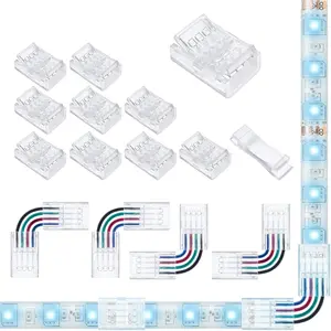 Solderless Led Light Connectors 4 pin 10 Pack and Transparent L Shape Track Lighting Connectors 4 count for 10mm Wide 4-Pin 3528 5050 RGB LED Strip Lights