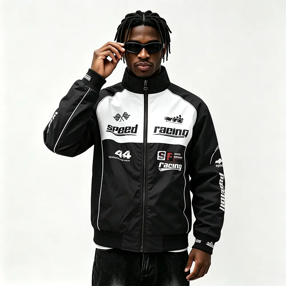 American motorcycle style black white color block speed racing jacket long sleeve zip stand collar trendy print unisex coat