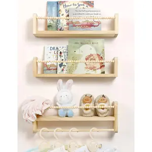 Wall-mounted floating bookshelf for children's rooms, 3-piece set of natural wood wall-mounted storage shelves, with towel rail, hanging bookshelf, suitable for decorating children's rooms, bedrooms, and kitchens
