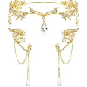 2 Pcs Rhinestone Leaf Headband and Handmade Clip Earrings Cosplay Accessories for Wedding Party Beauty & Personal Care
