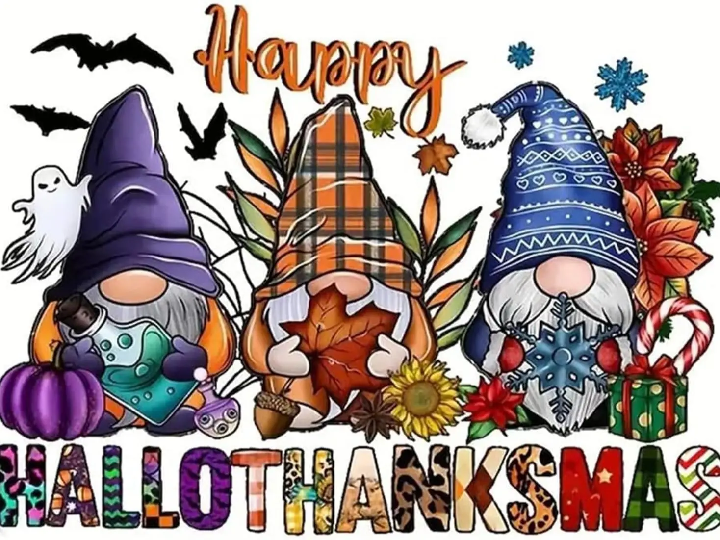 5D Full Drill Diamond Painting, "Happy Hallothanksmas" Gnomes Trio Halloween Thanksgiving Christmas Holiday Gnomes Seasonal Home Wall Decor