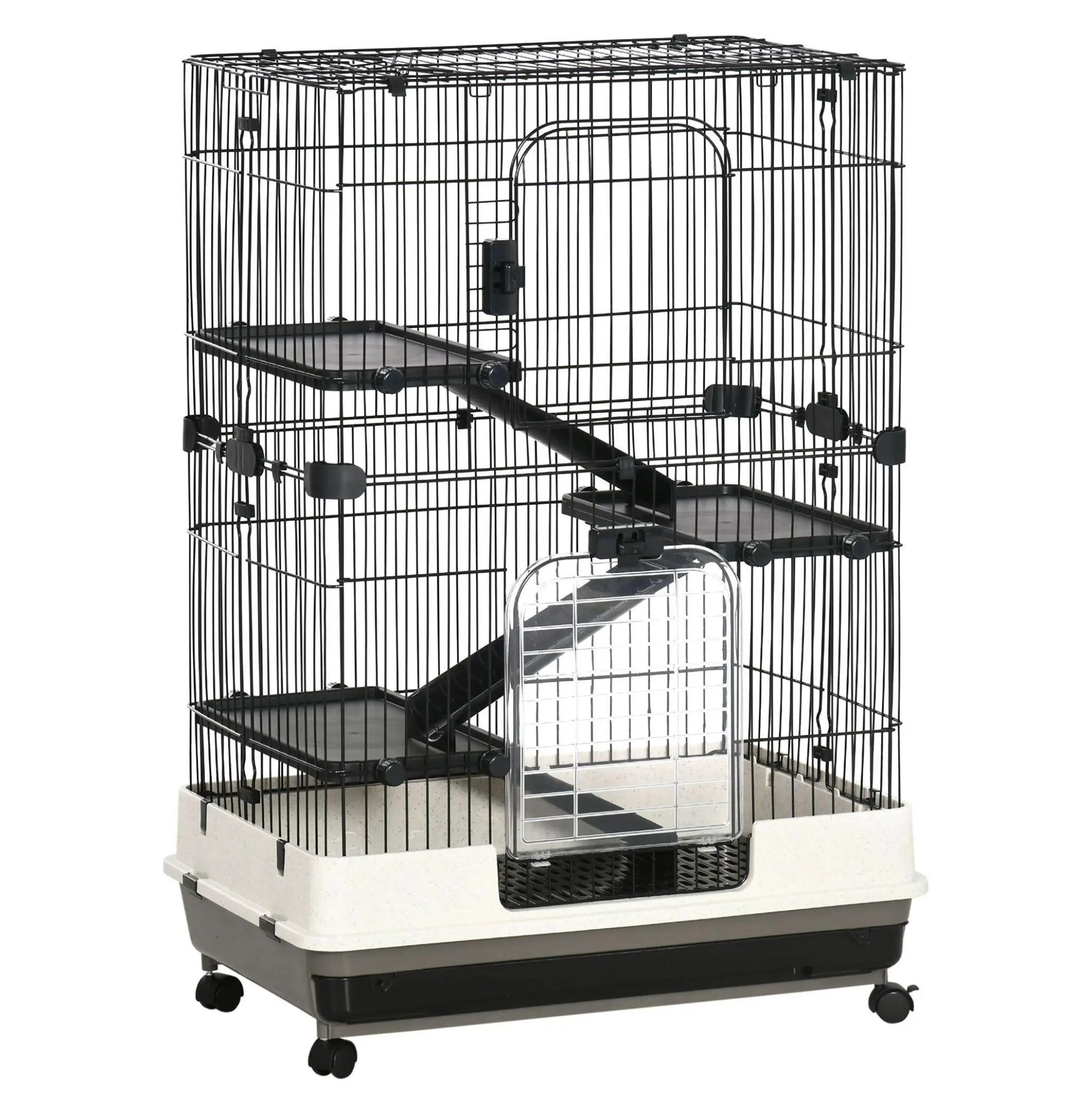 32L Metal Multi-Levels Small Animal Cage with Wheels, Slide-Out Tray, Play Area for Rabbits, Indoor Black Chinchilla Habitat