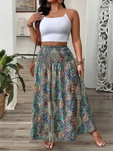 Women's Plus Size Tummy Control Smocked Waist Maxi Skirt Boho Paisley Print High Waist Flowy A-Line Long Skirts Vintage Hippie Bohemian Festival Gypsy Outfits Beach Vacation Summer Holiday Casual Daily Stretchy Resort Wear Trendy Flirty Skirt