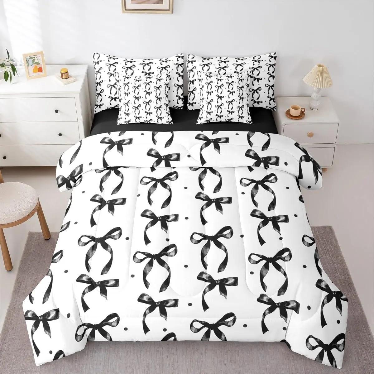 Feelyou 7-Piece Ultra-Soft Microfiber Luxe Black Bow Bed Comforter Set with Sheets, Multi-Size Preppy Girls' Bedding Set, Black and White Bowknot Coquette Room Decor, Seven Pieces