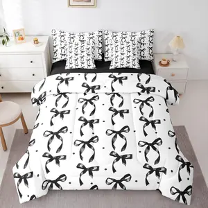 Feelyou 7-Piece Ultra-Soft Microfiber Luxe Black Bow Bed Comforter Set with Sheets, Multi-Size Preppy Girls' Bedding Set, Black and White Bowknot Coquette Room Decor, Seven Pieces