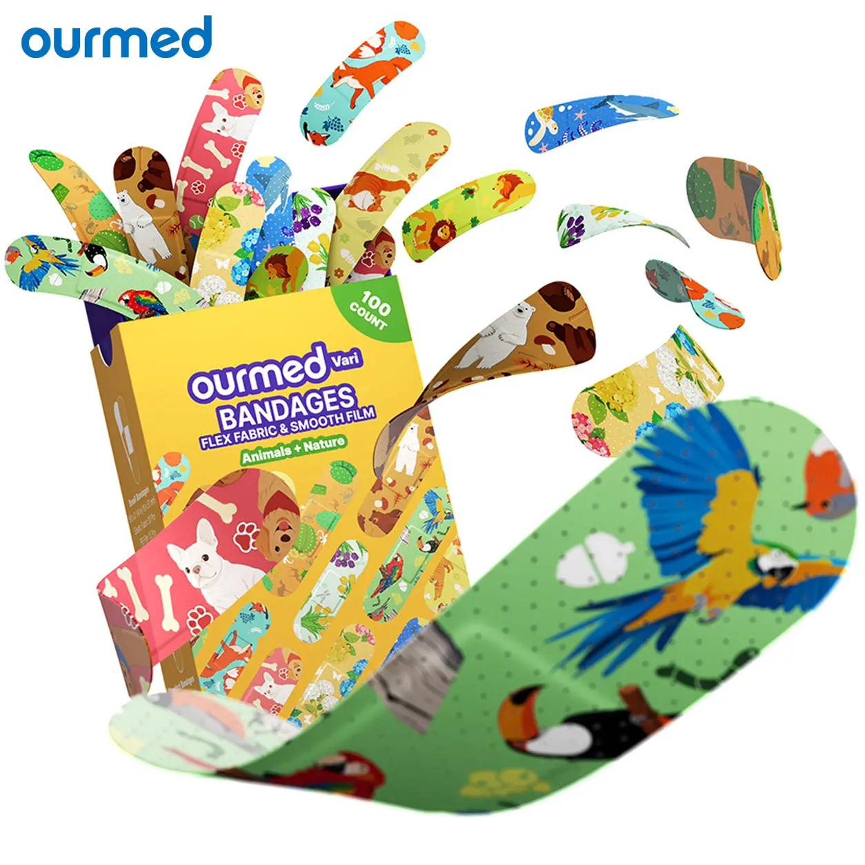 Ourmed Vari Kids Flexible Fabric Adhesive Bandages-100 Pieces, 10 Colorful Patterns, 2 Themes, PE Waterproof, Latex-Free Adhesive Plaster for Wound Care, Cuts and Scrapes, Printed Bandage Strips