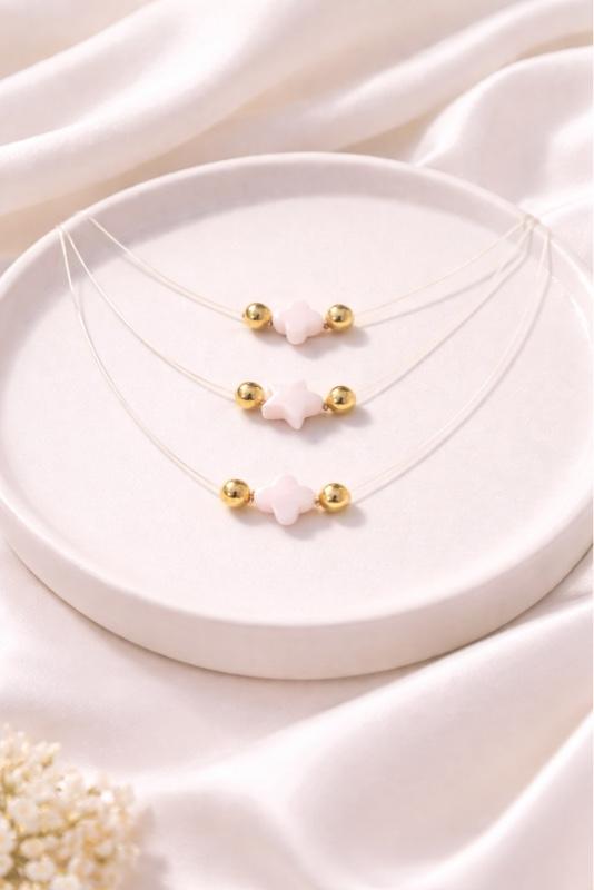 Minimal Gold Plated Necklace with Natural Mother of Pearl Beads (Star or Flower) | Adjustable 16” & 18”