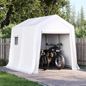 Aoxun 1.8x2.4x2.1m Outdoor Portable Storage Shed Tent with Roll-up Zipper Door and Window Portable Carport with Waterproof Tarp Galvanized Steel for Motorcycle, Generator, Bike Storage (White)