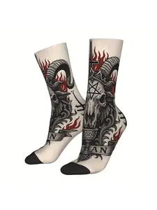 BIIHUDU Men's Gothic Occult Socks - Baphomet & Leviathan Cross Design with Pentagram & Baphomet Face - Black & Red Full-Body Print - Bold Black & Red Color Scheme - Gothic Lettering - Durable Comfortable Fit - Hand Wash or Dry Clean