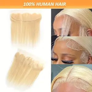 Hot Fashionable 13x4 Lace Front Closure 613 Blonde Human Hair - Straight Women's Hairpiece - Pre-Plucked Natural Hairline, Transparent Soft Lace, Hand-Tied, 130% Density, 10-20 Inches