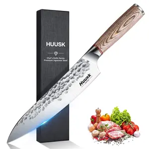 Huusk Knife 8-inch Chef Knife Professional Hand Forged Kitchen Knife High Carbon Steel Sharp Gyutou Chef Knives for Meat Vegetables - Wood Handle with Gift Box Blade Wooden