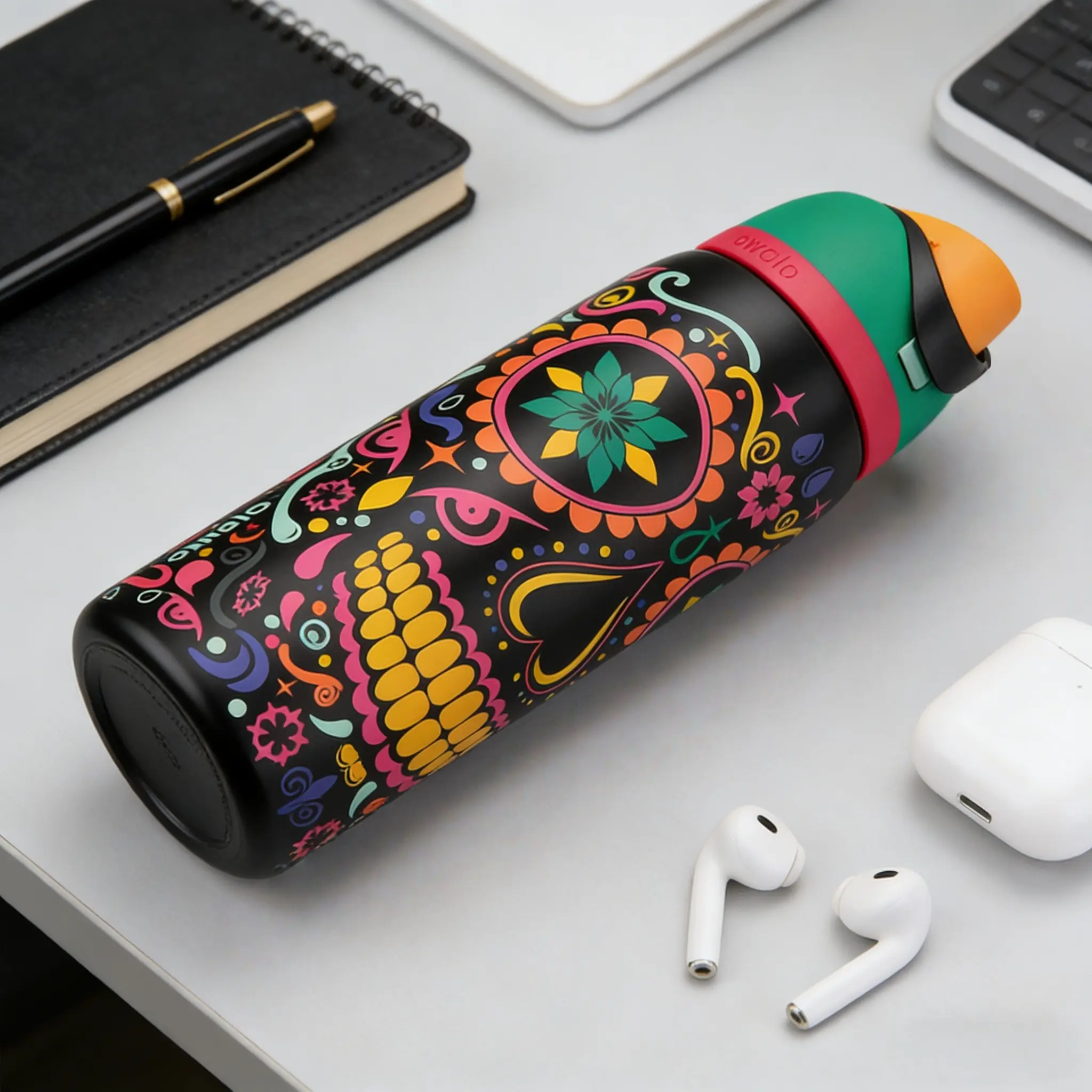 Owala 32oz Halloween Day of the Dead Glowing Skull Insulated Tumbler - Vibrant Floral Candy-Coated Vacuum Flask, Reusable Kitchenware Drinkware for Festive & Daily Use, Water Bottles