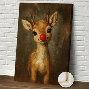 1 Piece Deer Painting - Modern Farmhouse Brown Gold Rudolph - Wrapped Canvas with Frame Wall Art, Includes Hanging Hardware - Winter Decoration, Modern home decoration, Suitable for Living Room, Office - Indoor Hanging Decoration - Deer Head Portrait