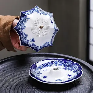 Umbrella Shape Ceramic Tea Strainer, Chinese Blue and White Porcelain Loose Leaf Tea Filter with Rotating Design, Multi-Purpose Tea Infuser for Kung Fu Tea, Coffee Brewing, Herbal Tea, Teapot, Mug and Traditional Tea Ceremony