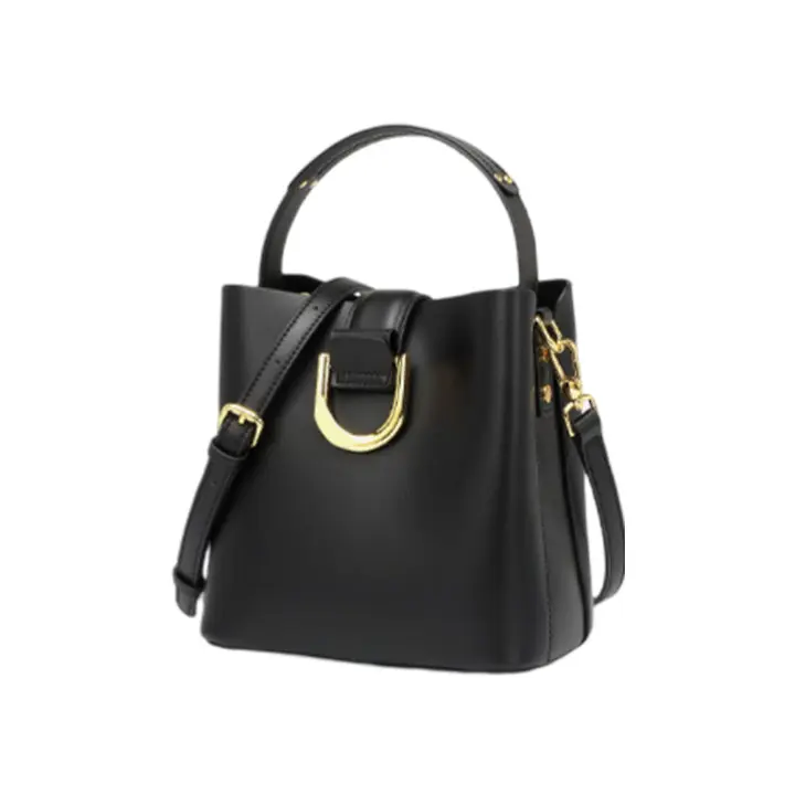 Izara Black Matte Bucket Bag with Top Handle Middle Zipped Pocket & Removable Adjustable Crossbody Strap