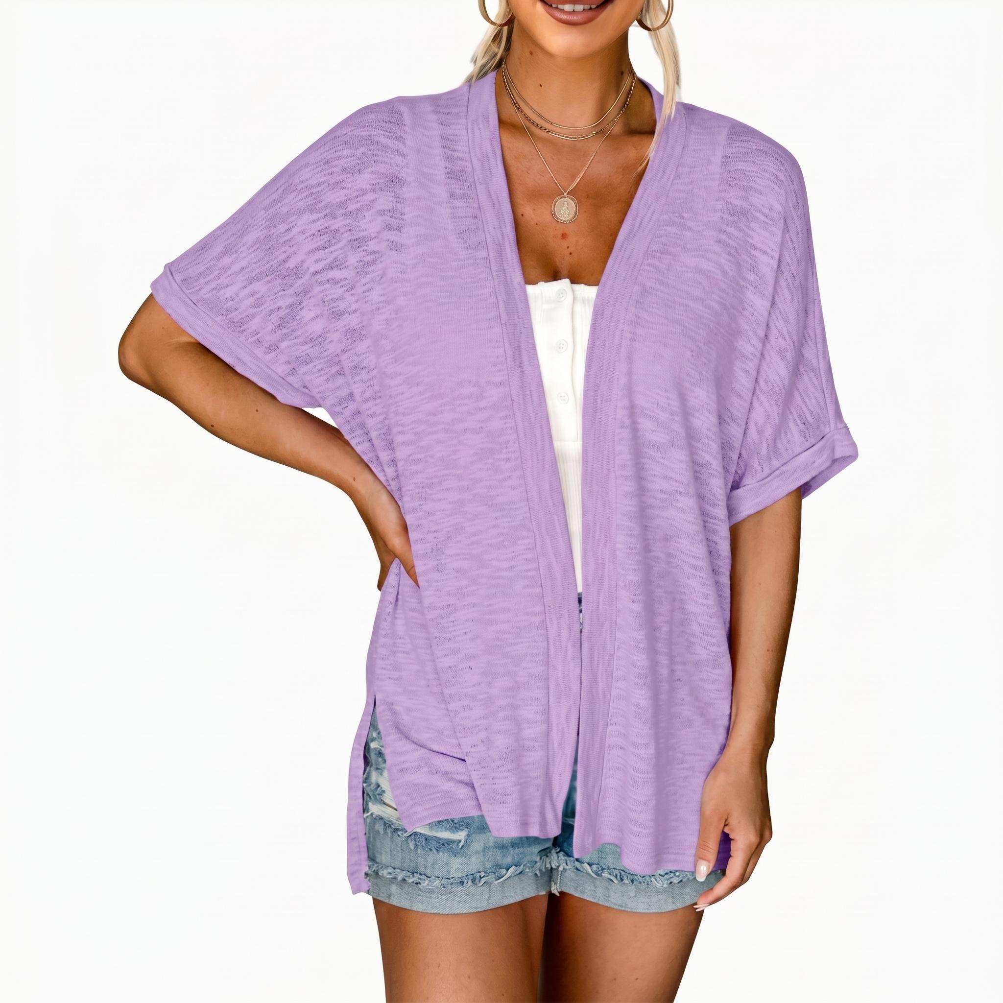 Women's Lightweight Short Sleeve Cardigan Open Front Oversized Summer Beach Cover Up Casual Loose Tops