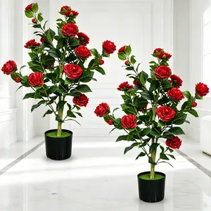 2 Pack Realistic Artificial Camellia Tree, Red Flower Faux Potted Plant, Lifelike Evergreen Greenery for Wedding Party Farmhouse Indoor Outdoor Decoration