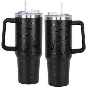 40 oz Halloween Tumbler with Lid and Straw - 5D Bat Print Tumblers with Handle Halloween Stainless Steel Insulated Travel Cup Black Coffee Cups Gifts for Women Men Adults
