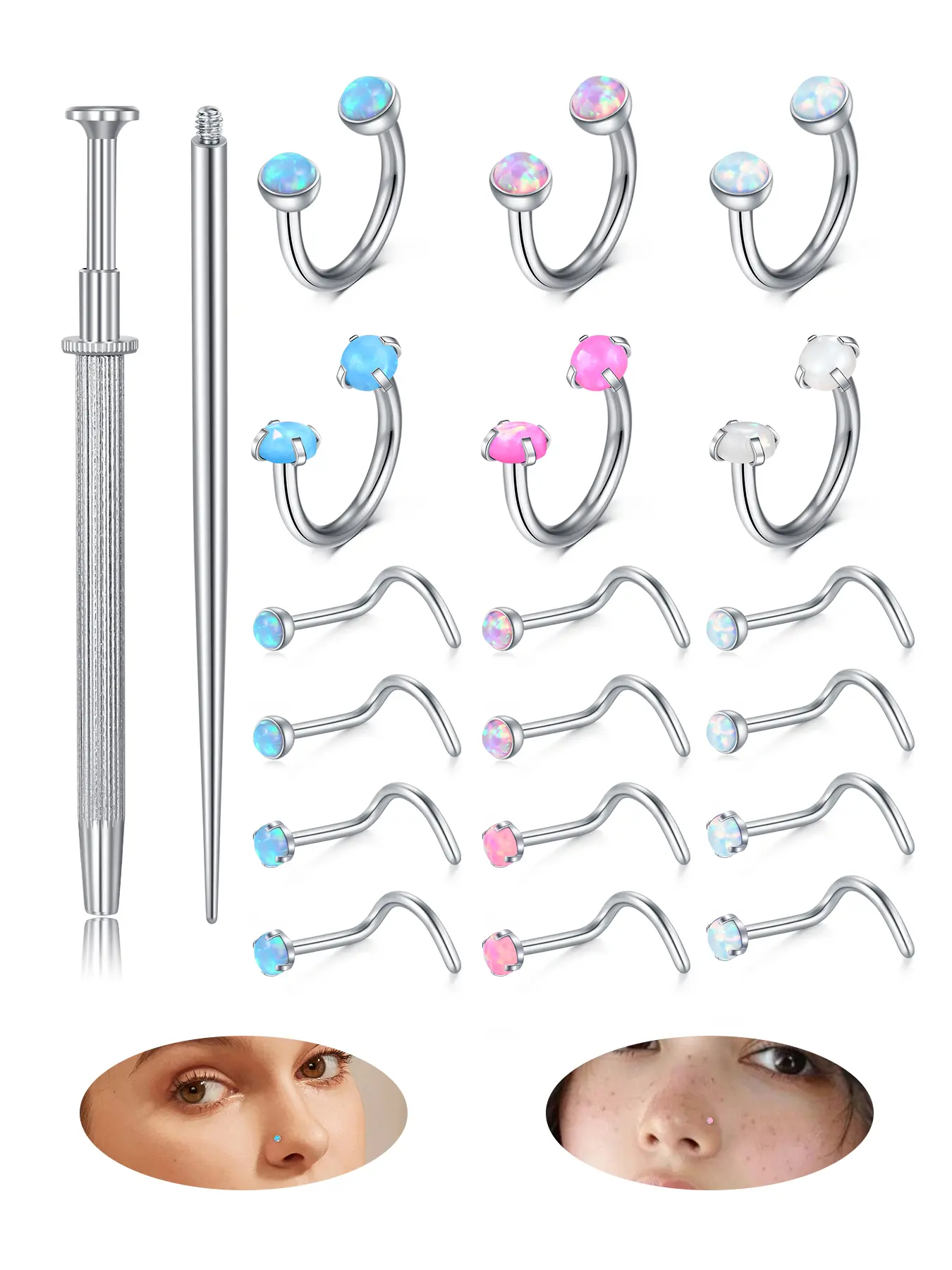 Silver 18G Horseshoe Nose Rings Nose Studs Set, Stainless Steel Horse Shoe Nose Rings Hoops Nose Rings Studs, Internally Threaded CZ Opal Nose Septum Piercing Jewelry, Side Labret Jewelry, Body Jewelry Accessory