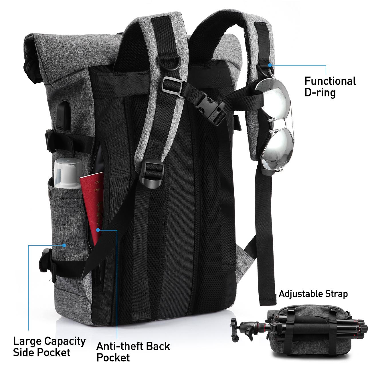 YAMTION Expandable Roll Top Backpack Roll Top Waterproof Laptop Backpack with USB Port | Expandable 18-26L Travel Rucksack for 17 Inch Laptop