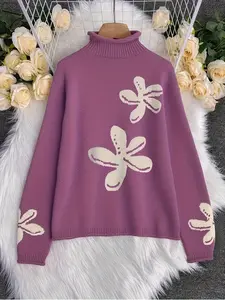 A large-size women's purple flower pattern high-neck sweater, suitable for sweet casual style, retro fashion style and other styles, which is both warm and fashionable.