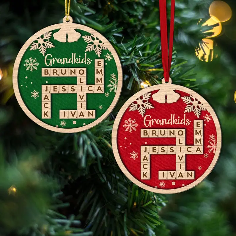 Personalized Scrabble Christmas 2 Layer Wood Ornament, Grandkids Name Crossword Puzzle, Christmas Gift for Mom Grandma, Grandkids Ornament
