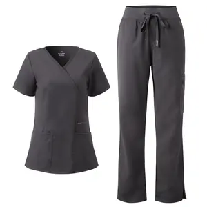 COZYFIT Soft Scrubs for Women - Mock Wrap Top & Straight Leg Pants with 6 Pockets, Back Princess Seams, Soft Fabric