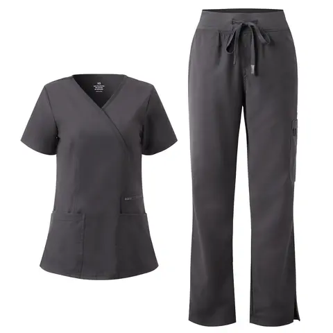 COZYFIT Soft Scrubs for Women-Mock Wrap Top & Straight Leg Pants with 6 Pockets, Back Princess Seams, Soft Fabric, Workwear, Uniforms