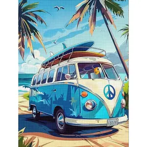 5D Diamond Painting Kit, Blue Bus Summer Beach Hawaii Art Pattern, Full Round Drill DIY Craft Set, Home Decor Gift Idea