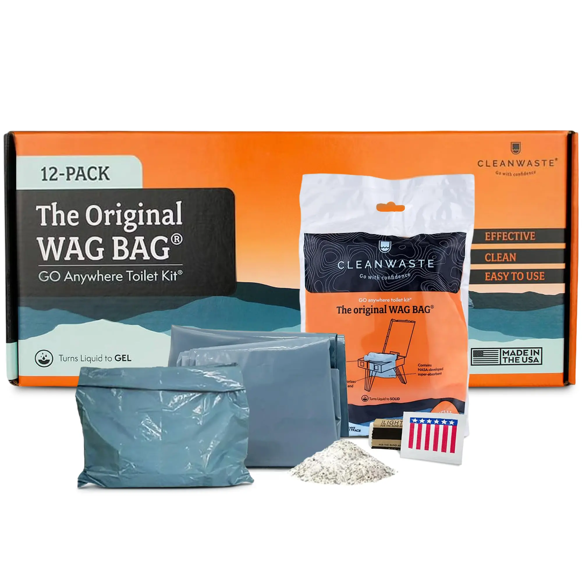 Cleanwaste Original WAG Bag Portable Toilet (12 Pack) - Go Anywhere Kit For Camping, Boating, Travel - NASA Gelling Powder for Poop/Pee