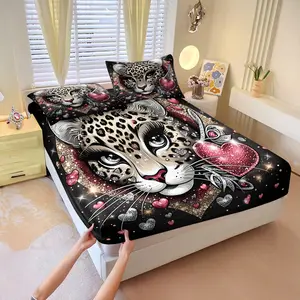 Rhinestone-Studded Heart and Leopard Head Print Fitted Sheet Set,3Pcs Wild and Luxurious Bedding Set, Full of Sweet and Cool Personality and Luxurious Texture.Durable Soft Bedding,for Room Decoration.Includes 2 Pillowcases (Without Pillow Inserts)