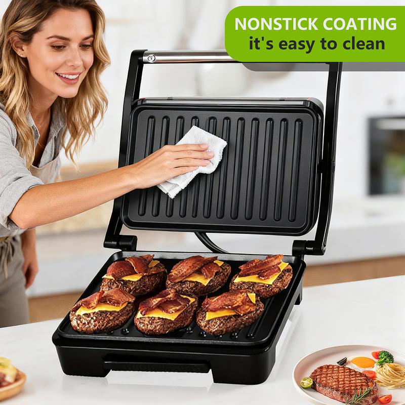 Panini Press Grill and Gourmet Sandwich Maker, equipped with non-stick coated plates, can open 180 degrees, suitable for grilling steaks, burgers and sandwiches, and the body color is black