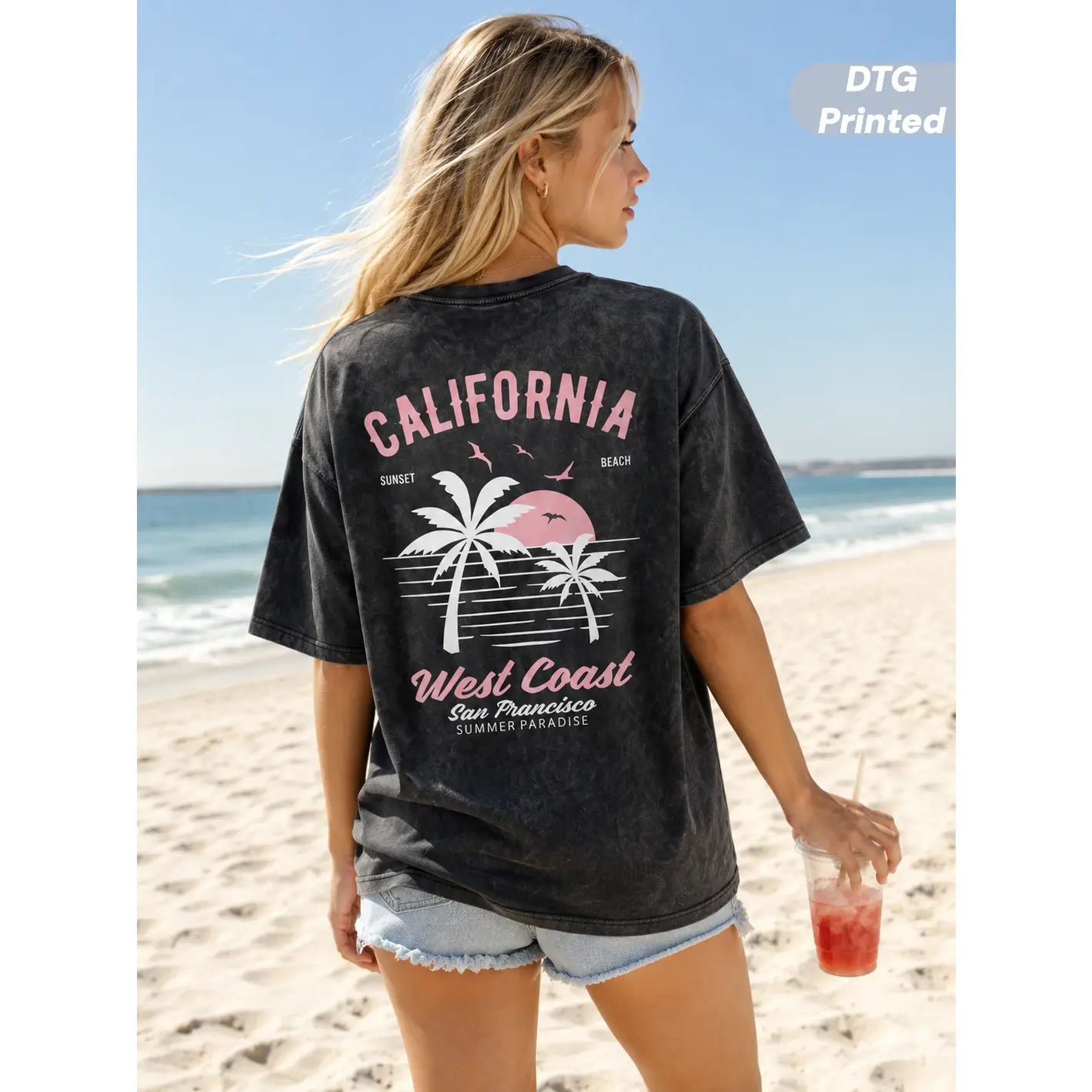 MuseBeau Unisex California DTG Printed Graphic Tee, Vintage 100% Cotton 2000s Style Washed Cotton Shirt with Retro Palm Tree Print, Loose Fit Summer Top,Short-Sleeve Menswear Tops, Mens Clothing, Graphic Shirts,Outfits Oversized Womenswear,2000S Shirts