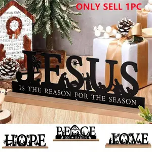 Metal Jesus Birth Scene Ornament Set, Metal Christmas Decoration with Wooden Base, Ideal for Home Office Kitchen Table Shelf Mantel