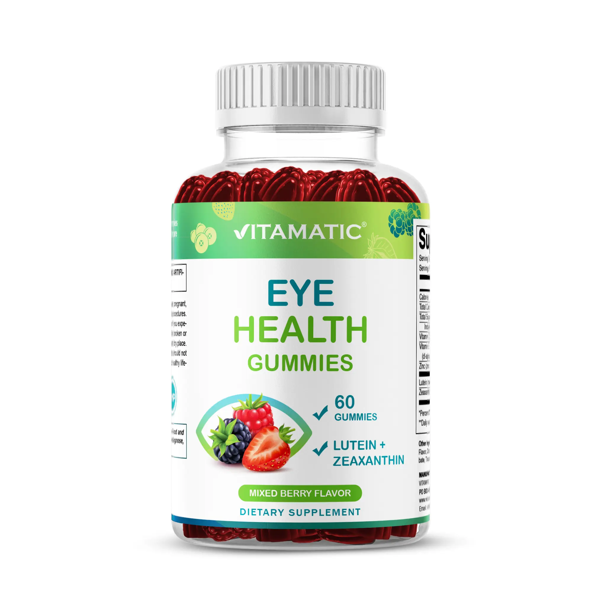 Vitamatic Eye Health Chewable Dietary Nutrition Supplement Gummies - Berry Flavored Selfcare Support with Lutein, Zeaxanthin, Vitamin C, E, Zinc, 60 Count, Non-GMO, Gluten-Free