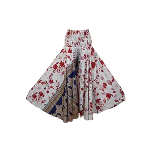 Graceful Bohemian White Palazzo Pants with Red Leaf Print – Handmade & Flowy SM
