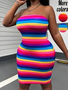 【Plus-Size】1 Piece Rainbow Stripe Strapless Bodycon Mini Dress, Y2K Summer Party Style, Stretchy Tube Top & Form-Fitting Design, For Curvy Women, Perfect for Night Out, Clubbing & Beach Parties, Women's Plus-Size Strapless Dresses 2026 | TikTok Viral Find