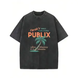 Florida Publix Patterned T-Shirt, Vintage Washed Short-Sleeve T-Shirt, Fashionable for Daily Wear, Cotton Crew Neck T-Shirt, Unisex