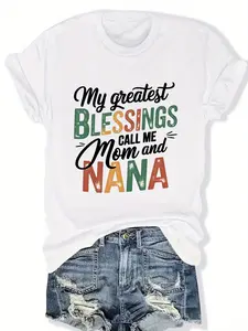 Plus Size Women's Casual T-Shirt - "My Biggest Blessings are Mom and Grandma" Pink Geometric Print, Soft Crew Neck, Machine Washable, All Season Comfort, Multi-Generation Gift, Fun Text Design, Loose Version