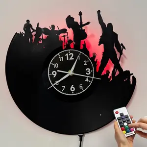 Music Band LED Vinyl Wall Clock, 7 Colors Changing Silent Clock(Remote Controlled), Handmade Unique Design, Exclusive Wall Art Decor for Living Room Bedroom Office Music Room, Original Gift for Birthday Mothers Day Spring Graduation Christmas