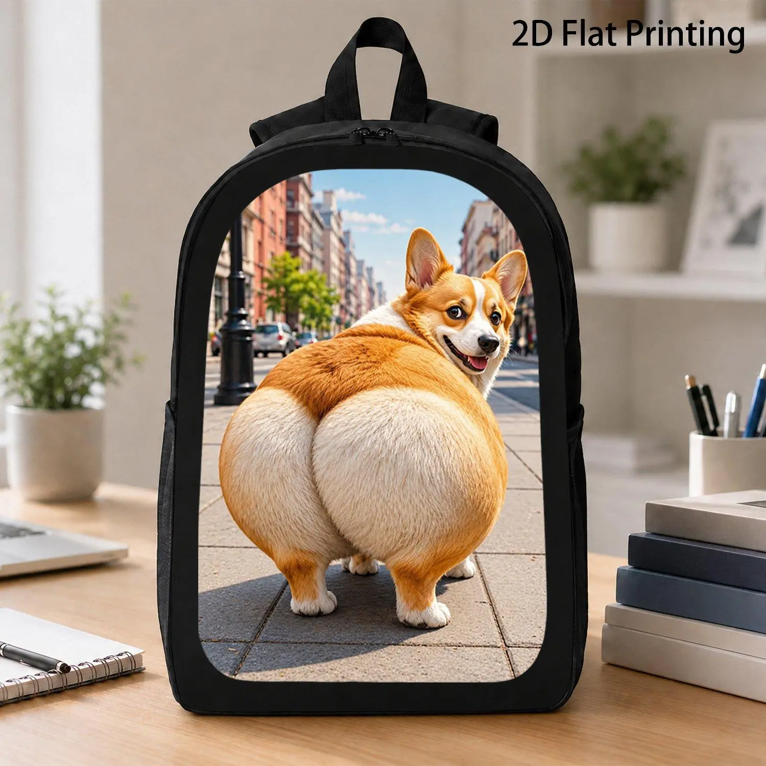 17 Inch Lightweight Travel Backpack Featuring Cute Chubby Corgi Dog Back View Art Print Popular Pet Graphic Laptop Bag Ideal Gift For Dog Fans Students