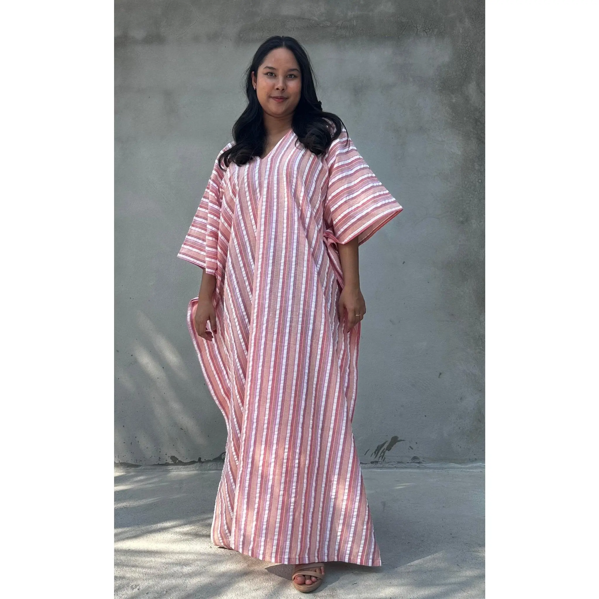 Women's Modest Islamic Striped Cotton Kaftan - Plus Size Taupe & Rose, Relaxed Fit, Chic Elegant Ladies Casual Wear, Evening & Beach Use, Generous Fit