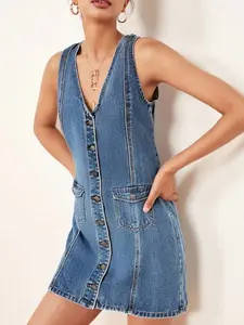 Women's Denim Jumper Dress - Structured Tank Dress With Utility Pockets & Single Button Closure| Streetwear Mini Dress For Everyday Chic